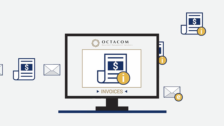 Iconography of a computer screen with documents flowing in and out